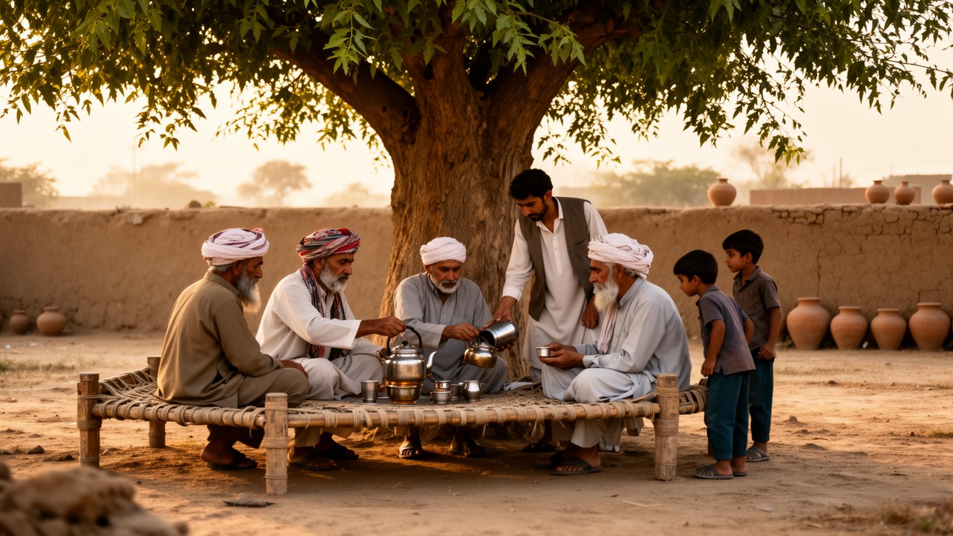 Pakistani village elders meeting at golden hour