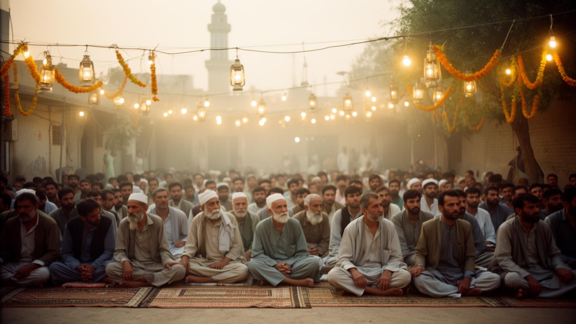 Pakistani community gathering in a lantern-lit courtyard