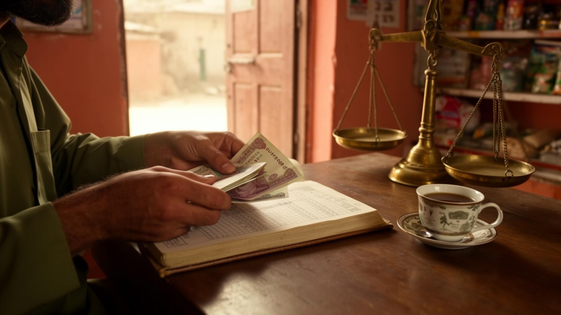 Hands counting Pakistani rupee notes beside a ledger